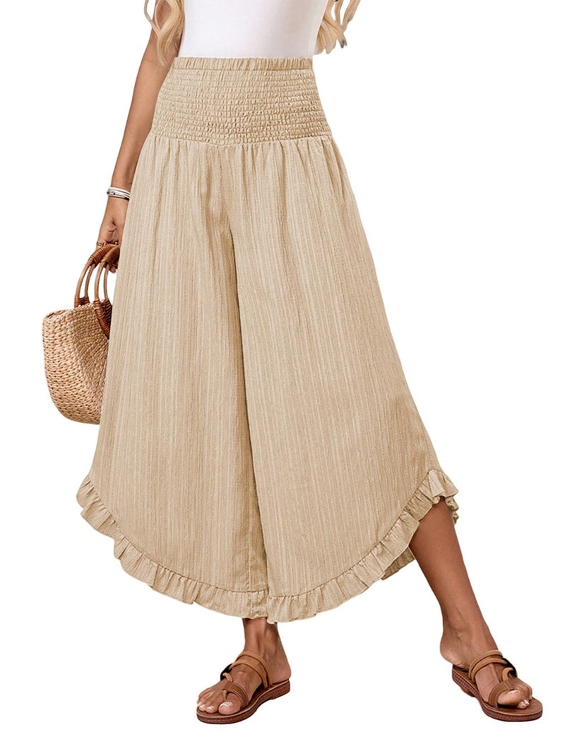 Samefar Women's Linen Pants Boho Wide Leg High Waisted Palazzo Pants for Women Summer Flowy Ruffle Hem Beach Lounge Casual Trousers Apricot Large - Image 1