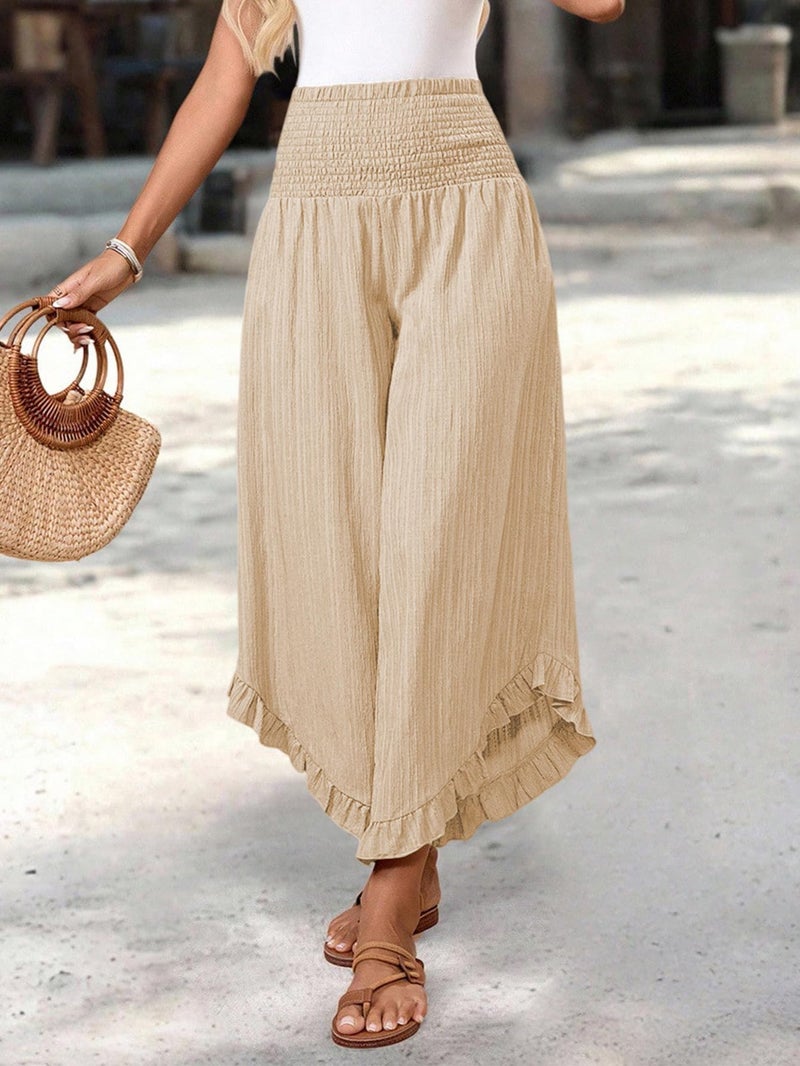 Samefar Women's Linen Pants Boho Wide Leg High Waisted Palazzo Pants for Women Summer Flowy Ruffle Hem Beach Lounge Casual Trousers Apricot Large - Image 2