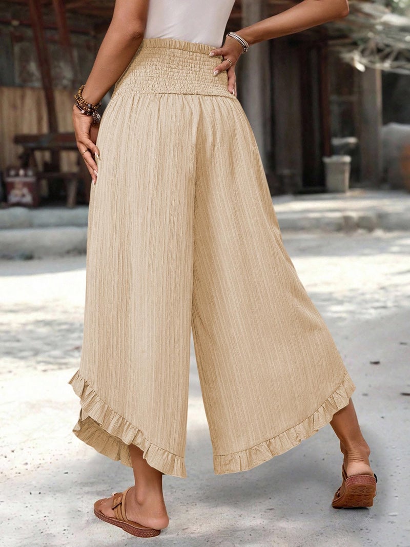 Samefar Women's Linen Pants Boho Wide Leg High Waisted Palazzo Pants for Women Summer Flowy Ruffle Hem Beach Lounge Casual Trousers Apricot Large - Image 3