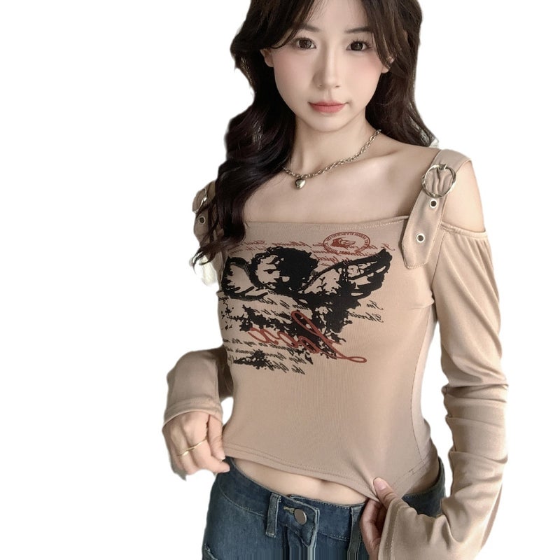 Cross-border factory European and American printed long-sleeved T-shirt women's short off-shoulder top slim Korean TikTok Taobao - Image 5
