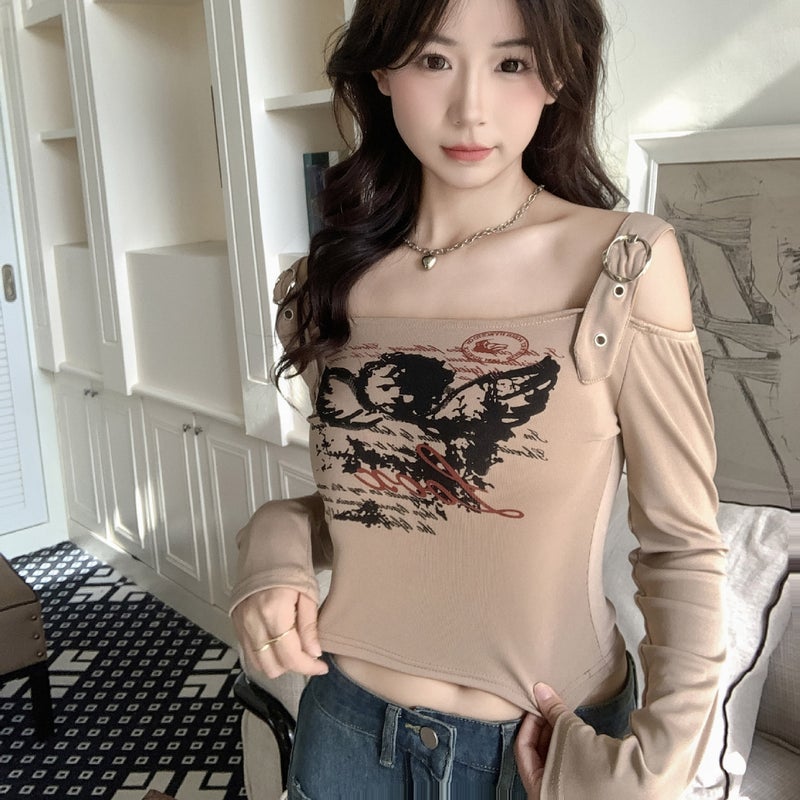 Cross-border factory European and American printed long-sleeved T-shirt women's short off-shoulder top slim Korean TikTok Taobao - Image 3