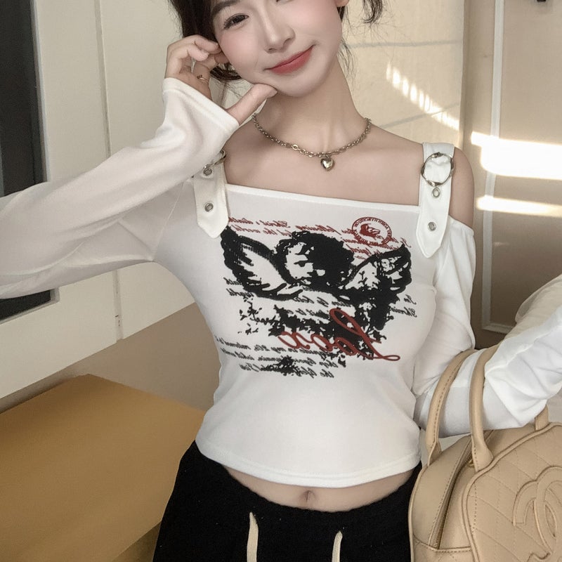 Cross-border factory European and American printed long-sleeved T-shirt women's short off-shoulder top slim Korean TikTok Taobao - Image 2