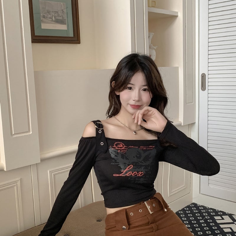 Cross-border factory European and American printed long-sleeved T-shirt women's short off-shoulder top slim Korean TikTok Taobao - Image 4