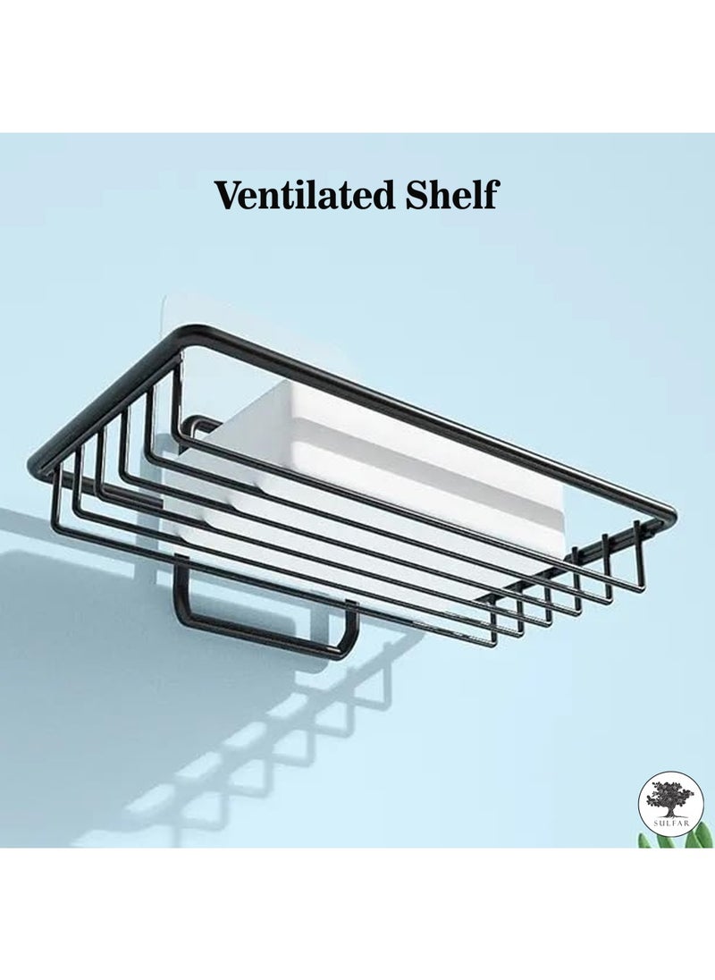 sulfar - Mild Steel Soap Dish Holder Shelf Adhesive Wall Mounted Sponge Holder Storage Saver Rack (Pack of 1) Black - Image 1
