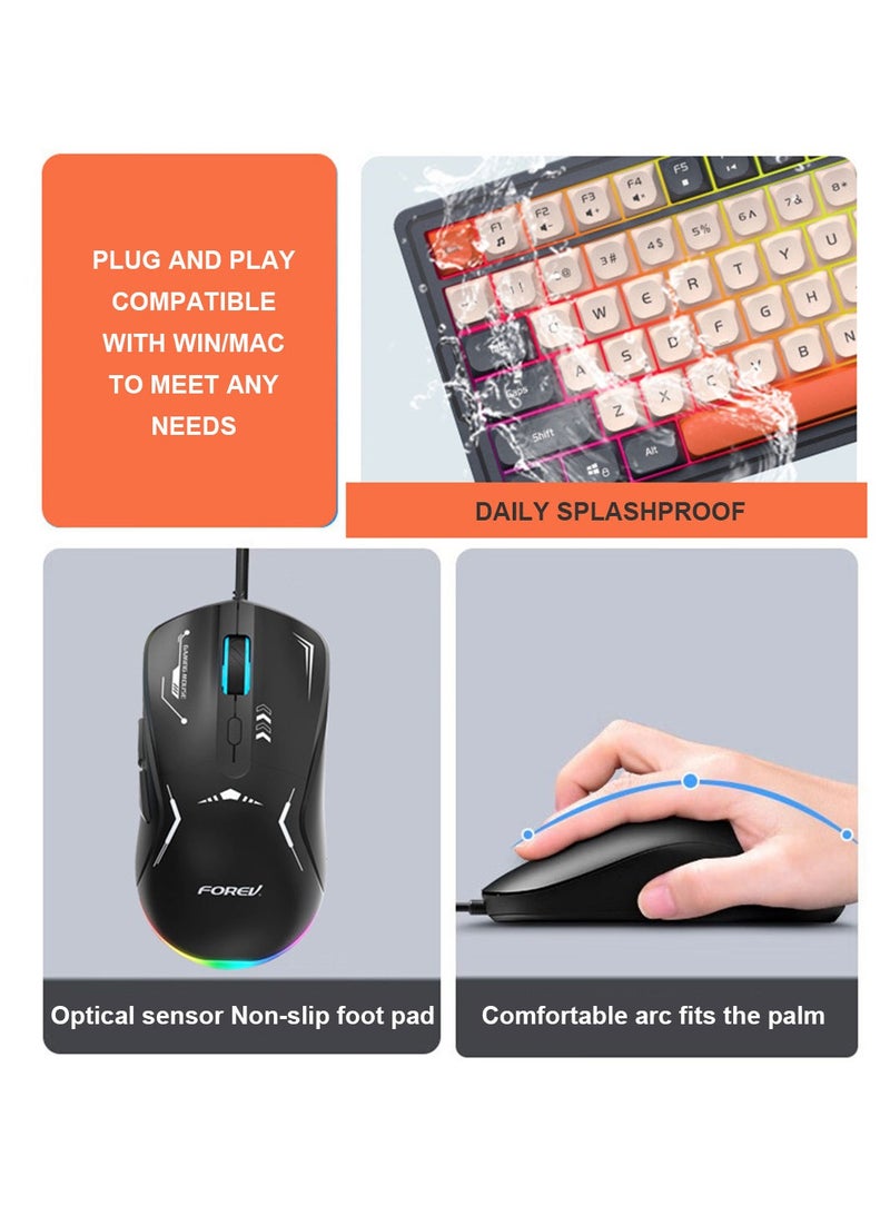 Forev Wired Membrane Keyboard and Mouse Set with RGB Backlit, Mechanical Feel, Floating Keycaps, Silent and Waterproof Design, 4-Speed DPI Adjustable for Office Work Gaming - Black White  - Image 3