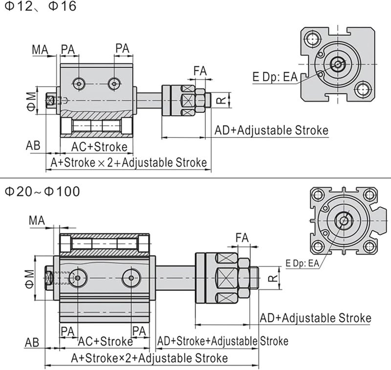 SDAJ16x40 30 Double Acting Aluminum Alloy Pneumatic Cylinder Adjustable Stroke 20 50mm - Image 5