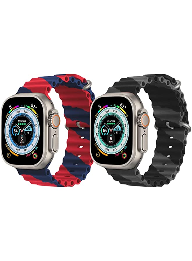 IAF Silicone Ocean Band Strap for Apple Watch Ultra 8 49mm Red/Blue Double Line Strap with Black/Gray Double Line Strap Set of 2