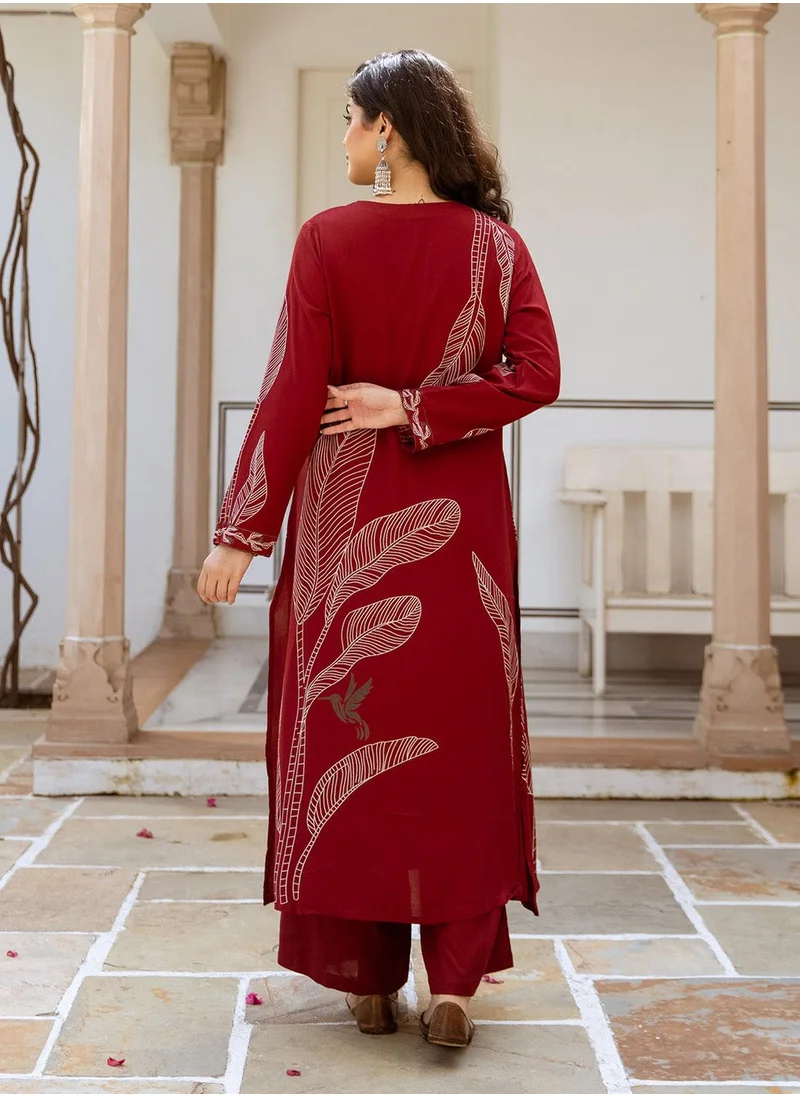 آي شين A-Line Fit Printed Pattern Round Neck Long Sleeves RED Colour Woven Cotton Kurta Set for Women with Semi Elastic Closure - A Timeless Addition to Your Collection