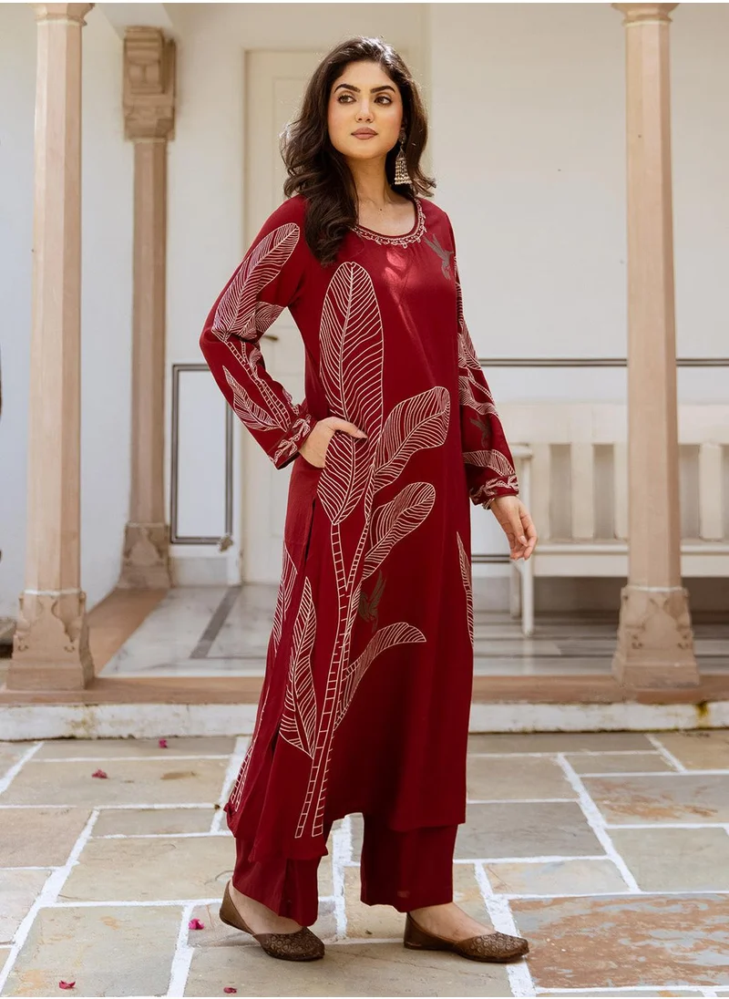 آي شين A-Line Fit Printed Pattern Round Neck Long Sleeves RED Colour Woven Cotton Kurta Set for Women with Semi Elastic Closure - A Timeless Addition to Your Collection