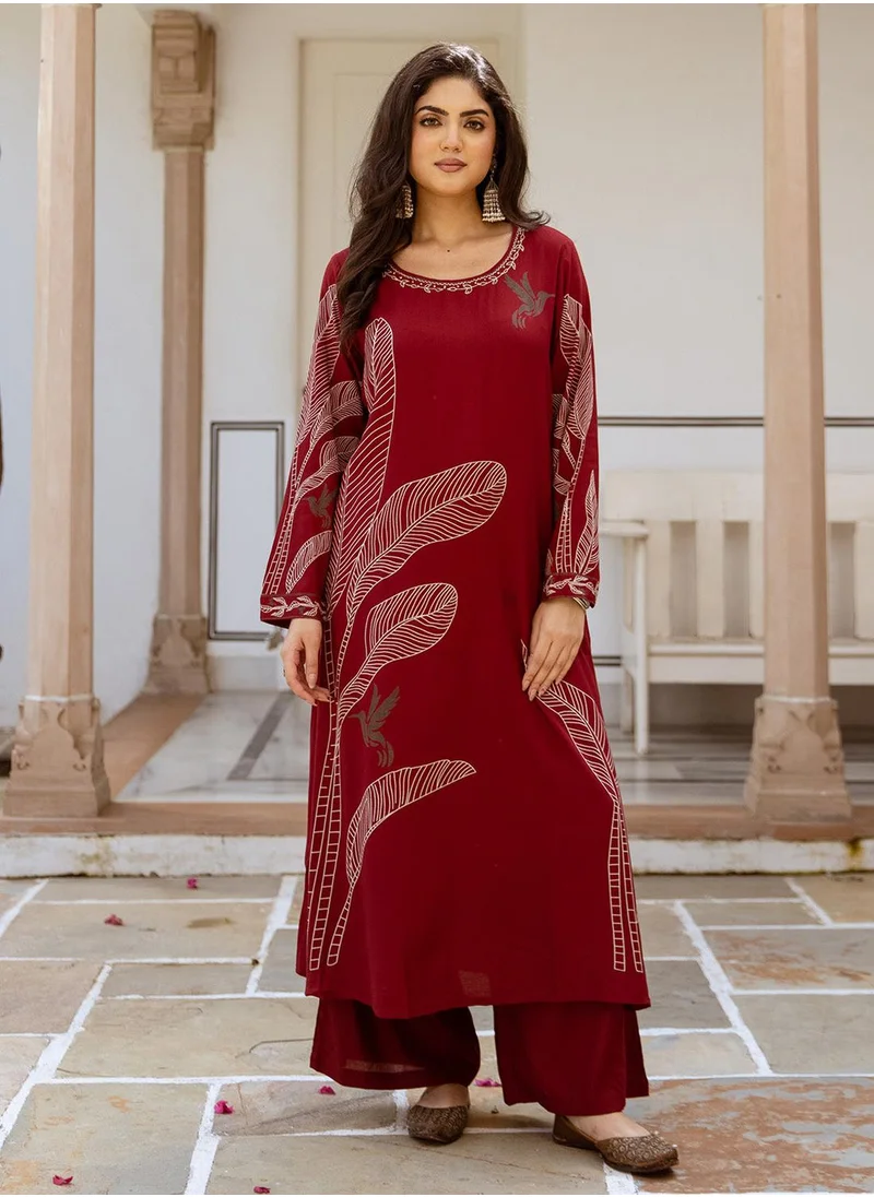 آي شين A-Line Fit Printed Pattern Round Neck Long Sleeves RED Colour Woven Cotton Kurta Set for Women with Semi Elastic Closure - A Timeless Addition to Your Collection
