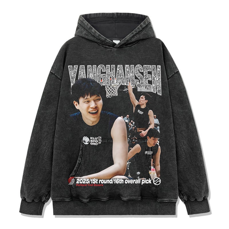 American high street Yang Hansen star printed washed and worn off shoulder T-shirt heavyweight pure cotton loose small collar wholesale - Image 3