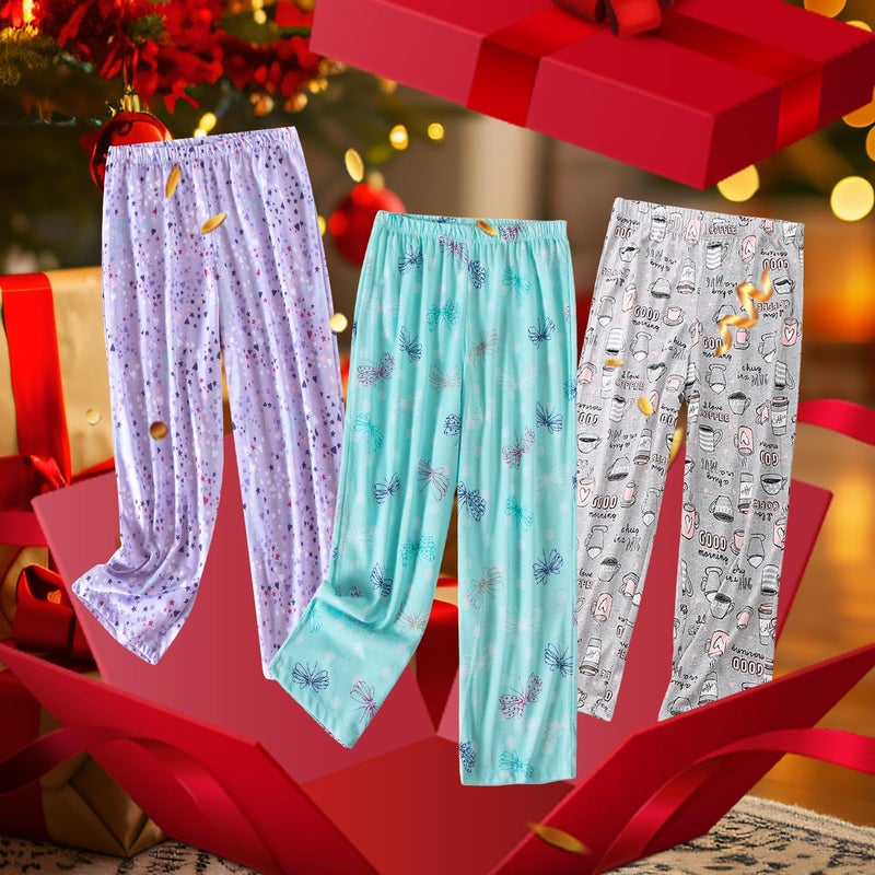 PNAEONG Pajama Pants Women 3 Pack Soft Cotton Lounge Pants Women Comfy PJ Casual Sleep Pant Print Women's Pajama Bottoms Sleepwear with Elastic Waistband & Pockets, Purple+Coffee+Fly-S - Image 2