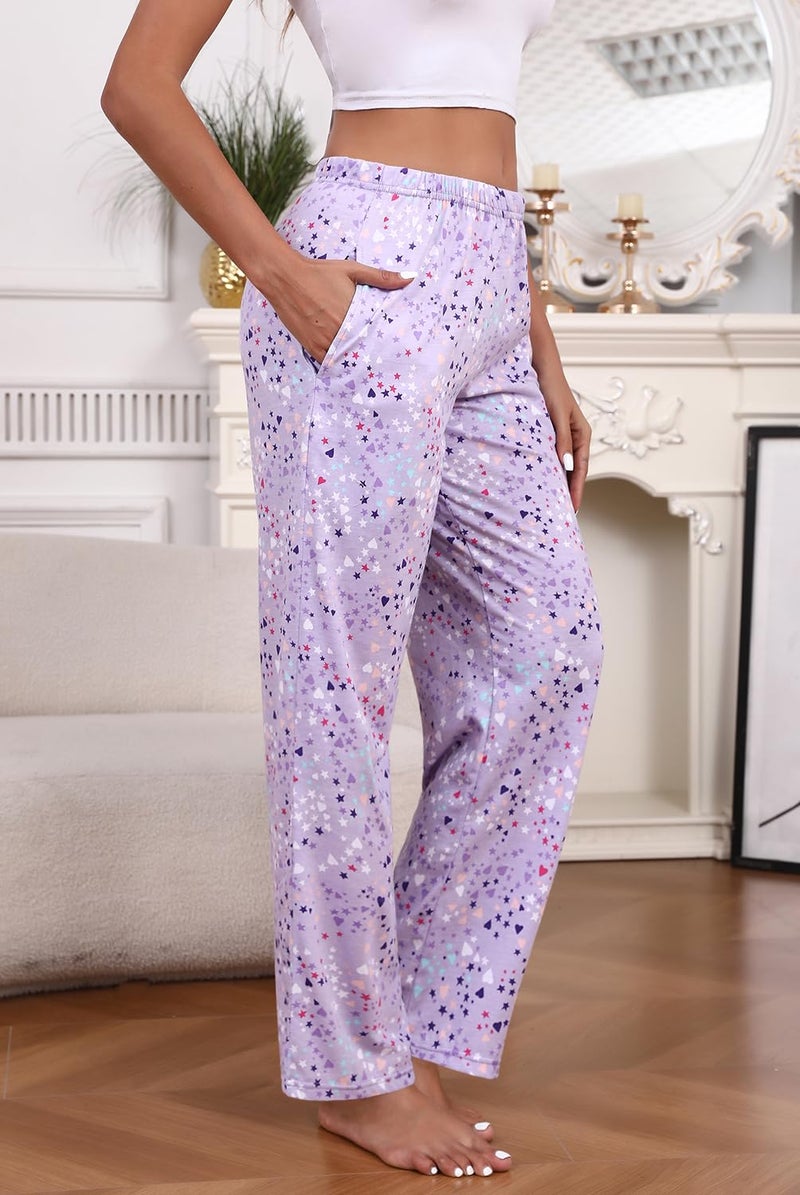 PNAEONG Pajama Pants Women 3 Pack Soft Cotton Lounge Pants Women Comfy PJ Casual Sleep Pant Print Women's Pajama Bottoms Sleepwear with Elastic Waistband & Pockets, Purple+Coffee+Fly-S - Image 4