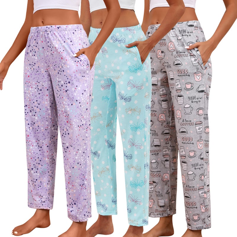 PNAEONG Pajama Pants Women 3 Pack Soft Cotton Lounge Pants Women Comfy PJ Casual Sleep Pant Print Women's Pajama Bottoms Sleepwear with Elastic Waistband & Pockets, Purple+Coffee+Fly-S - Image 1