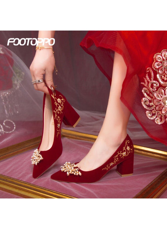 Footoppo Chinese Style Red Block Heel Wedding Shoes For Women Bridal Red Shoes High Heels For Bride Xiuhé Dress Wedding Gown Toasting Shoes - Image 1