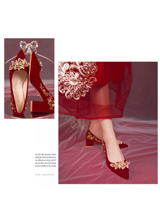 Footoppo Chinese Style Red Block Heel Wedding Shoes For Women Bridal Red Shoes High Heels For Bride Xiuhé Dress Wedding Gown Toasting Shoes - Image 2