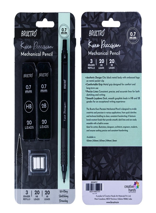 BRUSTRO Kuro Precision Mechanical Pencil | Tip Size - 0.7mm With 20 - HB and 20-2B leads, 3 Eraser Refills| Ideal For Writing, Sketching, Drawing, Mandala Arts and Fine Art Students - Image 4