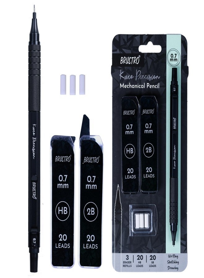 BRUSTRO Kuro Precision Mechanical Pencil | Tip Size - 0.7mm With 20 - HB and 20-2B leads, 3 Eraser Refills| Ideal For Writing, Sketching, Drawing, Mandala Arts and Fine Art Students - Image 1