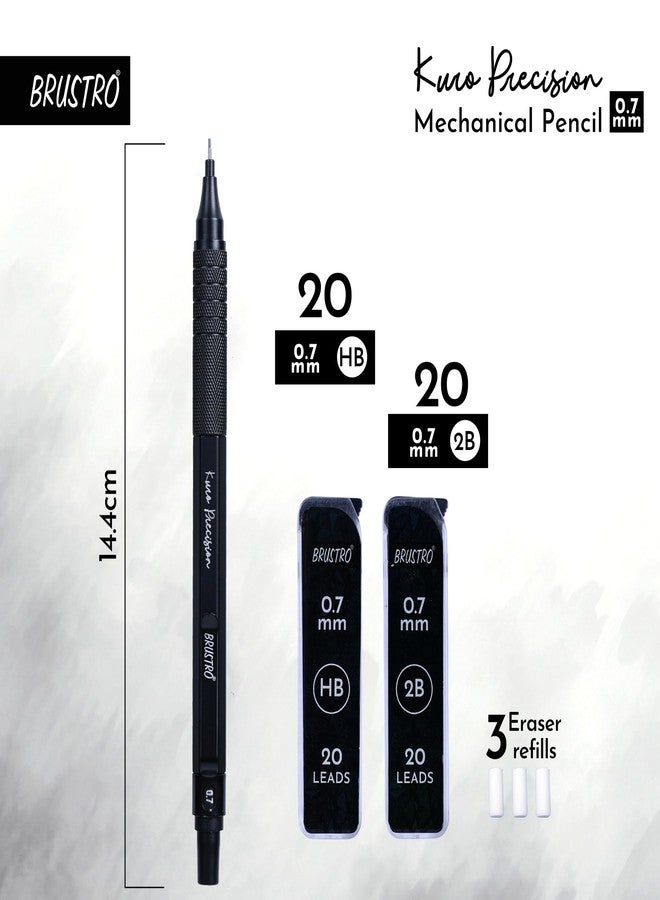BRUSTRO Kuro Precision Mechanical Pencil | Tip Size - 0.7mm With 20 - HB and 20-2B leads, 3 Eraser Refills| Ideal For Writing, Sketching, Drawing, Mandala Arts and Fine Art Students - Image 5