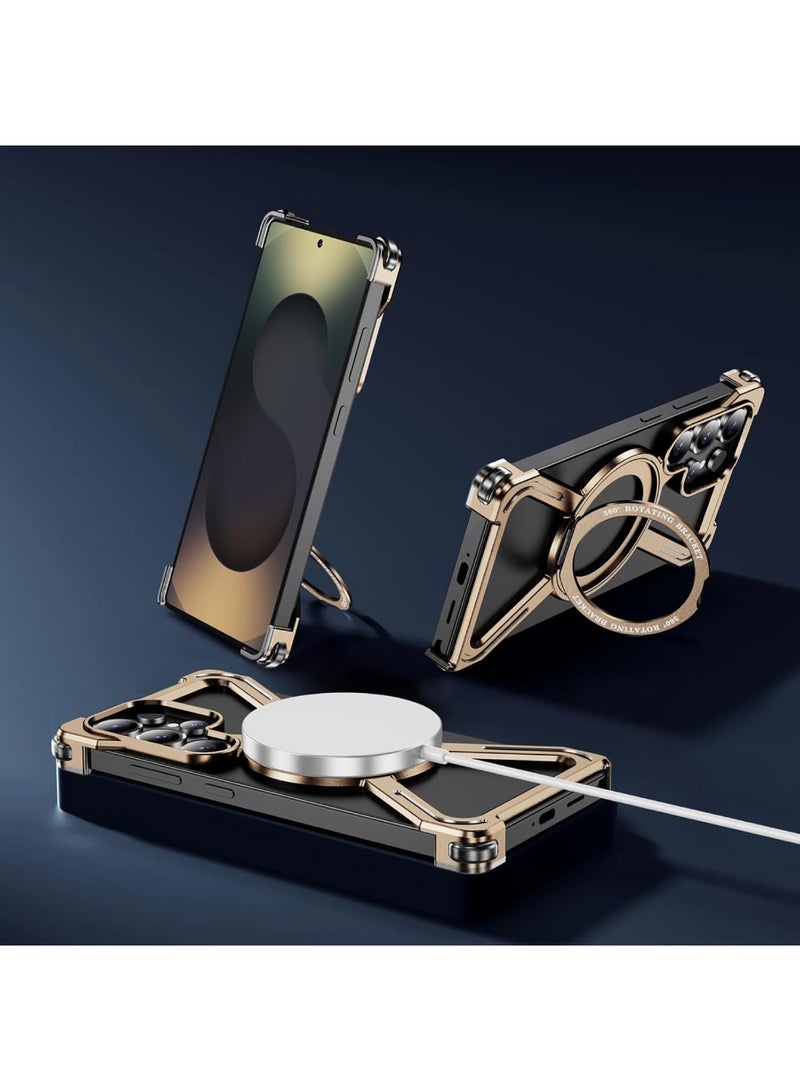 Adando Metal Case for Samsung Galaxy S26 Ultra Case with Ring Stand [Compatible with MagSafe] Mil-Drop Protection Shockproof Slim Frameless Cover for S26 Ultra (Gold) - Image 3