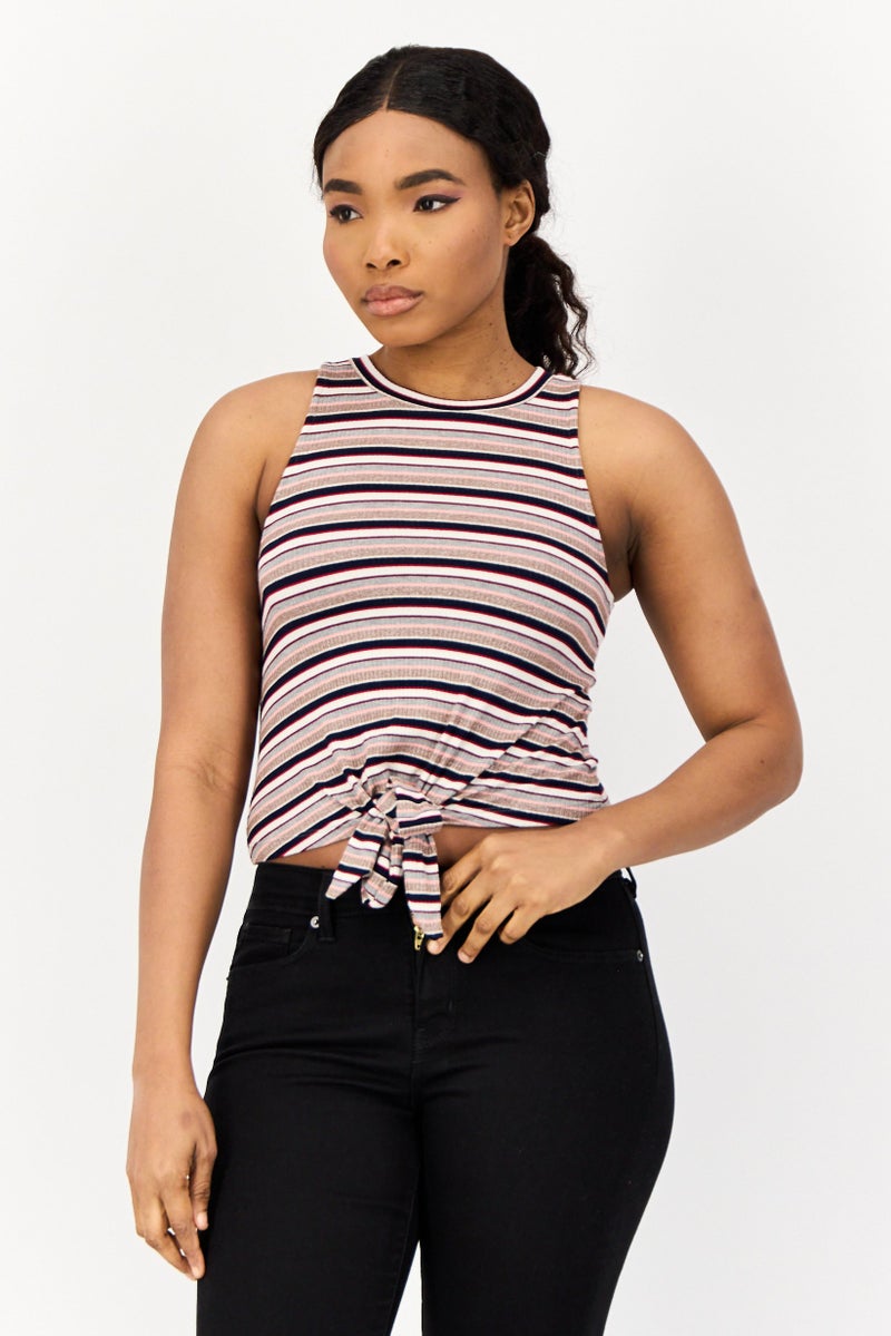 ONLY Women Crew Neck Sleeveless Stripe Tank Top, Multicolor - Image 1