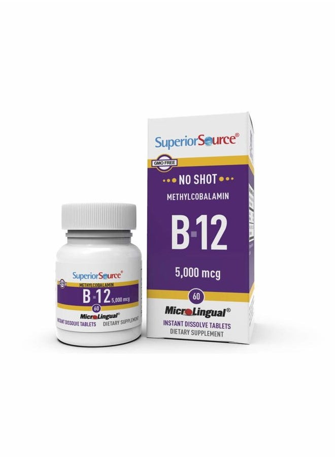 Superior Source No Shot Methylcobalamin B-12 5000 mcg - Vitamin B-12 to Support Energy Production, Brain Health & Overall Wellness - Sublingual Tablets for Fast Absorption - 60 Dissolving Tablets  - Image 1
