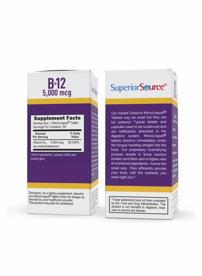 Superior Source No Shot Methylcobalamin B-12 5000 mcg - Vitamin B-12 to Support Energy Production, Brain Health & Overall Wellness - Sublingual Tablets for Fast Absorption - 60 Dissolving Tablets  - Image 2