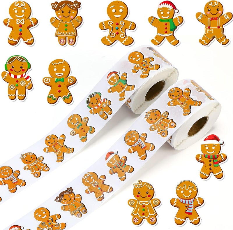 Containlol 1000 Pcs Christmas Roll Stickers 15 Inch Xmas Gingerbread Man Decals Self Adhesive Gingerbread Decorative Seal Stickers for Gift Bags Greeting Cards Winter Holiday Party Supplies - Image 1