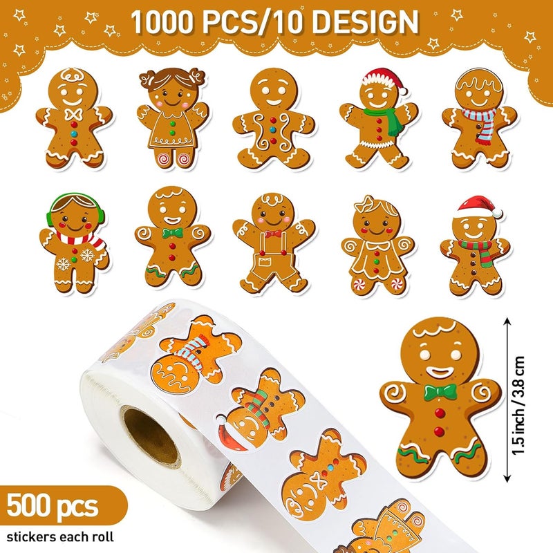 Containlol 1000 Pcs Christmas Roll Stickers 15 Inch Xmas Gingerbread Man Decals Self Adhesive Gingerbread Decorative Seal Stickers for Gift Bags Greeting Cards Winter Holiday Party Supplies - Image 2