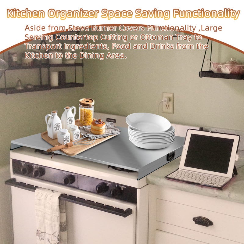 dttbgg Stainless Steel Gas Stove Top Cover, Noodle Board Cooktop Cover, Kitchen Organizer for Gas and Electric Stove Range Expanding Kitchen Space, Large Size 36"x 23.6"x3", Sliver - Image 1
