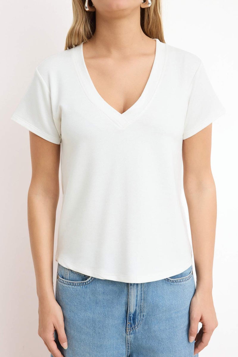 trendyol Ecru V-Neck Regular/Normal Fit Knitted T-Shirt Twoss25Ts00196 - Image 3