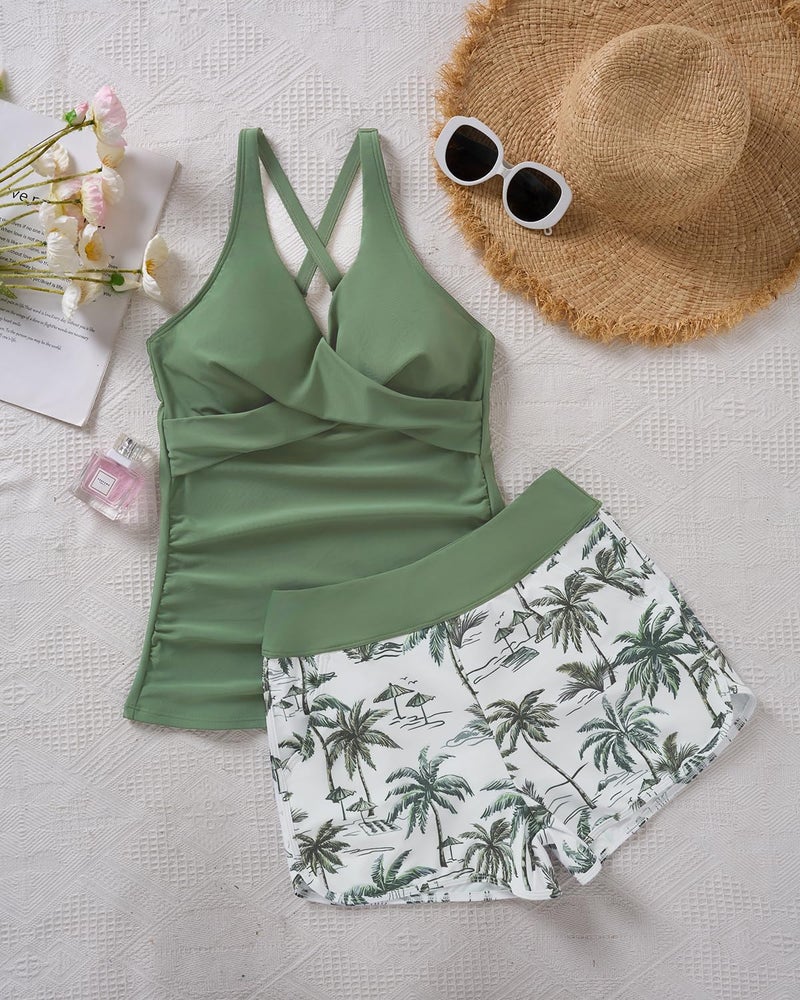 Tempt Me Women Green Palm Tree Tankini Swimsuits with Shorts - Two Piece Tummy Control Bathing Suits Top with Two Pockets Bottom Swimwear L - Image 3