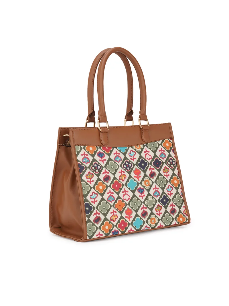 جلو باص حقيبة يد نسائية كبيرة من الجلد النباتي بطبعة زهور عرقية بمقابض مزدوجة