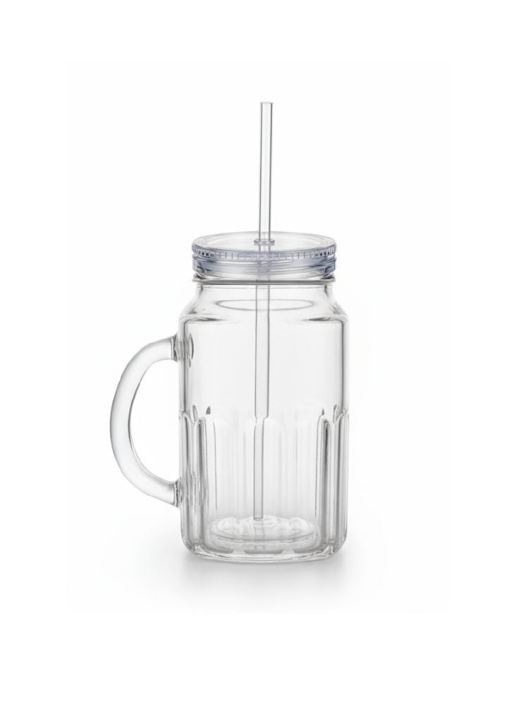 Clear Glass Mason Jar with Handle, Lid and Straw - Image 1