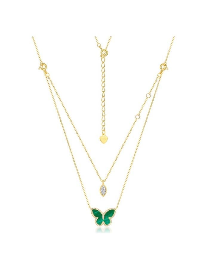 NIBEMINENT - -korean Style Green Malachite Necklace Mori Fresh S925 Sterling Silver Butterfly Bracelet Double Wear - Image 1