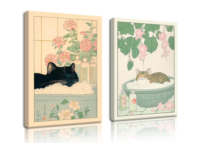 YSGGTR Japanese Cat Bathroom Wall Art Set of 2 Funny Black Cat in Bathtub Wall Decor Paintings Cute Tabby Cat Poster Canvas Prints Vintage Animal Aesthetic Pictures for Restroom 12x16 Inch Framed - Image 1