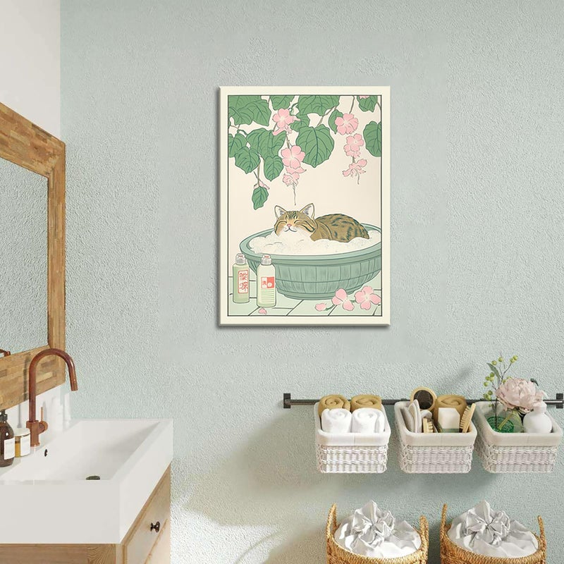 YSGGTR Japanese Cat Bathroom Wall Art Set of 2 Funny Black Cat in Bathtub Wall Decor Paintings Cute Tabby Cat Poster Canvas Prints Vintage Animal Aesthetic Pictures for Restroom 12x16 Inch Framed - Image 2