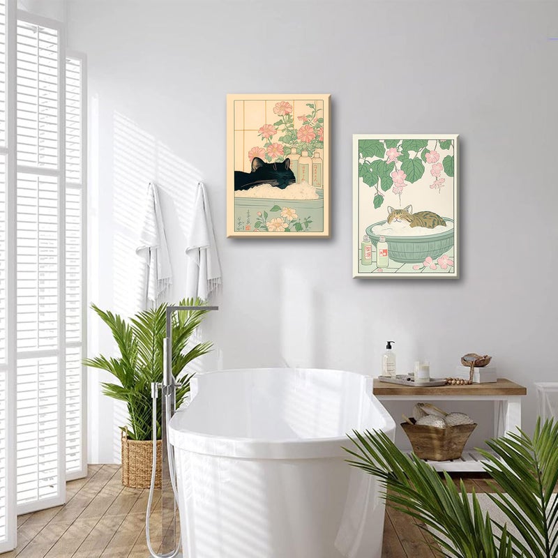 YSGGTR Japanese Cat Bathroom Wall Art Set of 2 Funny Black Cat in Bathtub Wall Decor Paintings Cute Tabby Cat Poster Canvas Prints Vintage Animal Aesthetic Pictures for Restroom 12x16 Inch Framed - Image 3