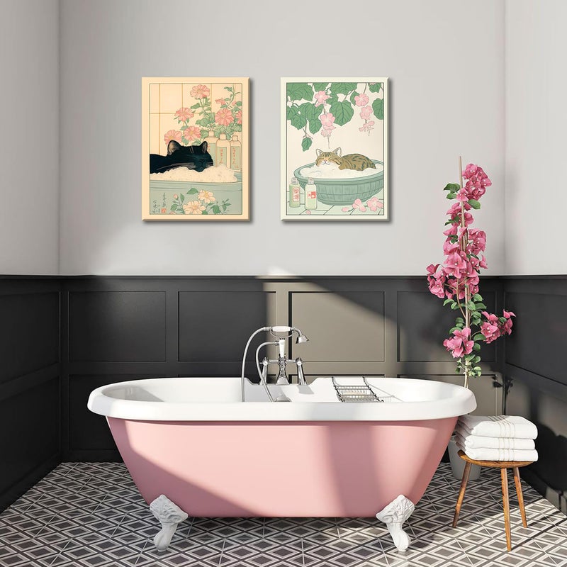 YSGGTR Japanese Cat Bathroom Wall Art Set of 2 Funny Black Cat in Bathtub Wall Decor Paintings Cute Tabby Cat Poster Canvas Prints Vintage Animal Aesthetic Pictures for Restroom 12x16 Inch Framed - Image 4