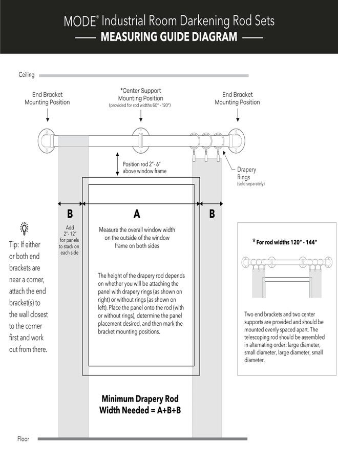 MODE Industrial Room Darkening Collection 1 1/8” diameter Industrial Curtain Rod Set with Steel Wall Mounted Expandable Curtain Rod, Blocks Light, Fits 72” to 144” Windows, Matte Black - Image 5