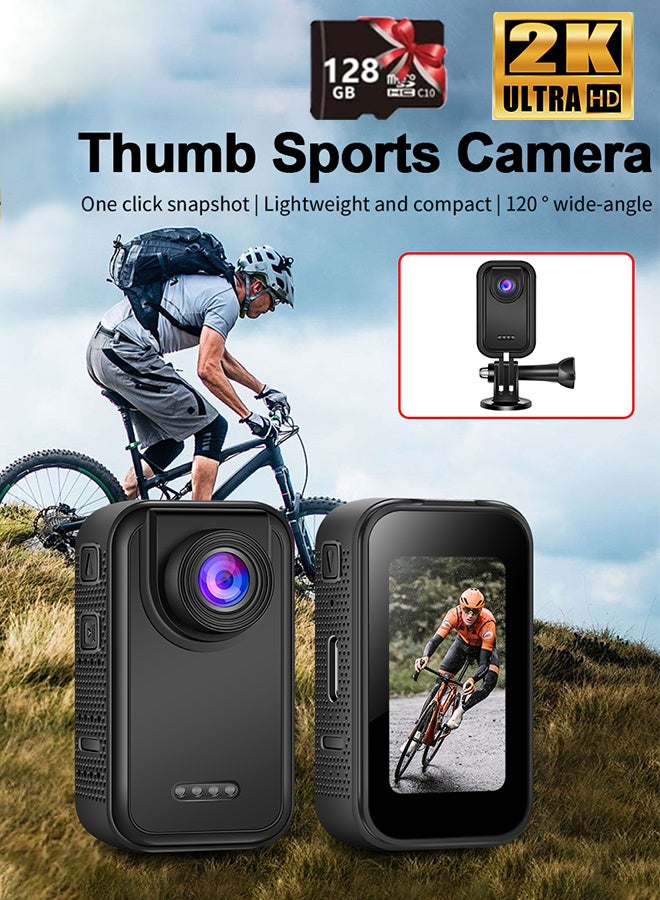 كاميرا صغيرة للجسم بدقة 2K، كاميرا حركة مقاومة للماء وقابلة للارتداء مع بطاقة 128 جيجابايت للسفر والجامعة وكاميرا جيب ومسجل فيديو محمول وكاميرا إبهام - Image 1