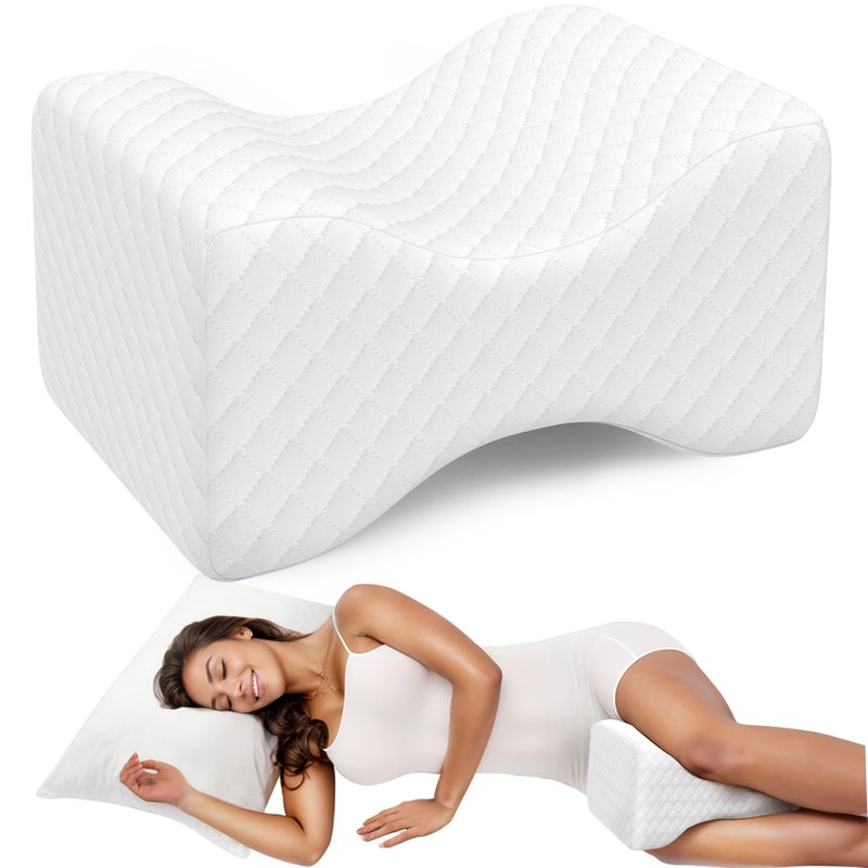 TranquilRelax Knee Pillow for Side Sleepers Leg Pillow for Side Sleeping Smooth Pillow for Spine Aligning Comfortable Memory Foam Pillow for Hip Back Sciatica Knee Joints Pain White