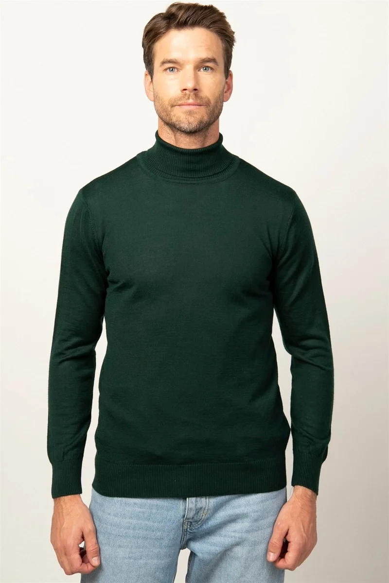 Tudors Slim Fit Narrow Cut Full Turtle Collar Plain Wool Men's Sweater