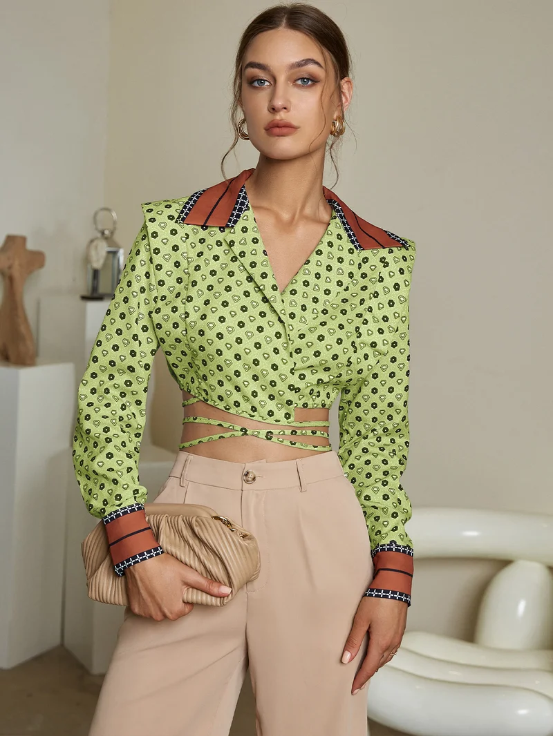 Simplee V Neck Printed Long Sleeve Crop Top, Waist Cross Design, Vintage Contrast Lapel