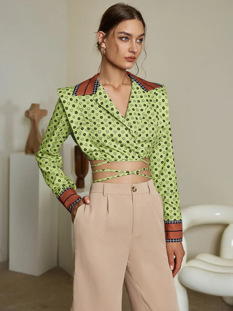Simplee V Neck Printed Long Sleeve Crop Top, Waist Cross Design, Vintage Contrast Lapel