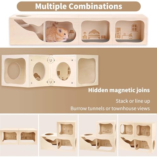 Marchul Magnetic Hamster Hideout Wooden House Chamber for Small Animals Pets Tunnel Exploring Toys for Dwarf Hamsters, Syrian, Gerbils, Hedgehogs, Rats, Mice (Living Room) - Image 5