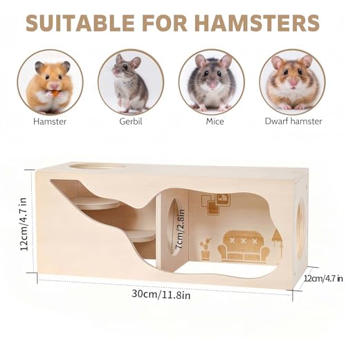 Marchul Magnetic Hamster Hideout Wooden House Chamber for Small Animals Pets Tunnel Exploring Toys for Dwarf Hamsters, Syrian, Gerbils, Hedgehogs, Rats, Mice (Living Room) - Image 3