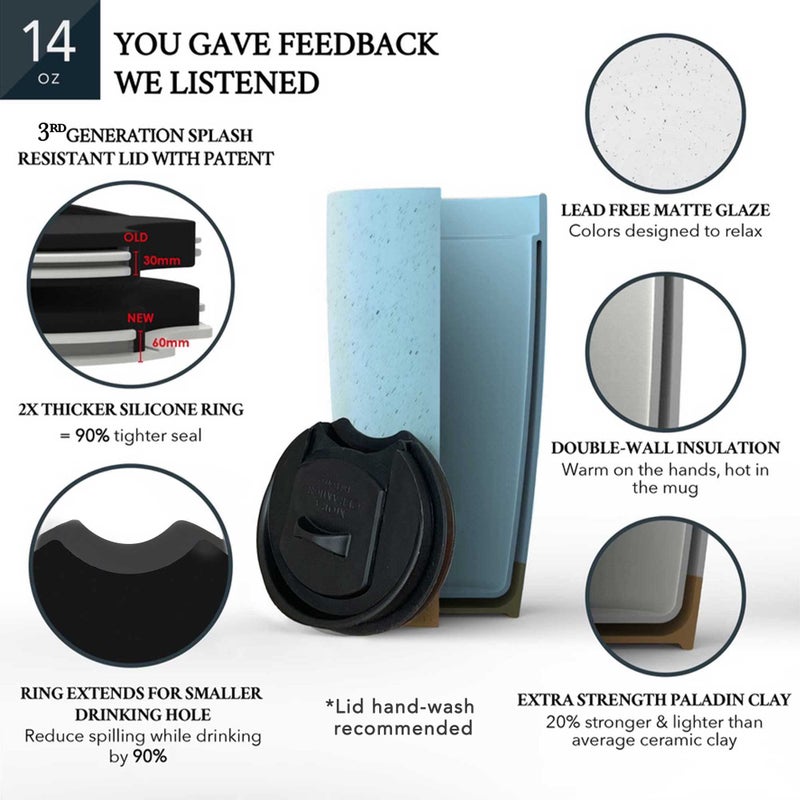Mora Double Wall Ceramic Coffee Travel Mug with Lid, 14 oz, Portable, Microwave, Dishwasher Safe, Insulated Reusable Tall Cup, Splash Resistant Lid - To Go Tumbler for Car Cup Holder, Dusty Blue - Image 4