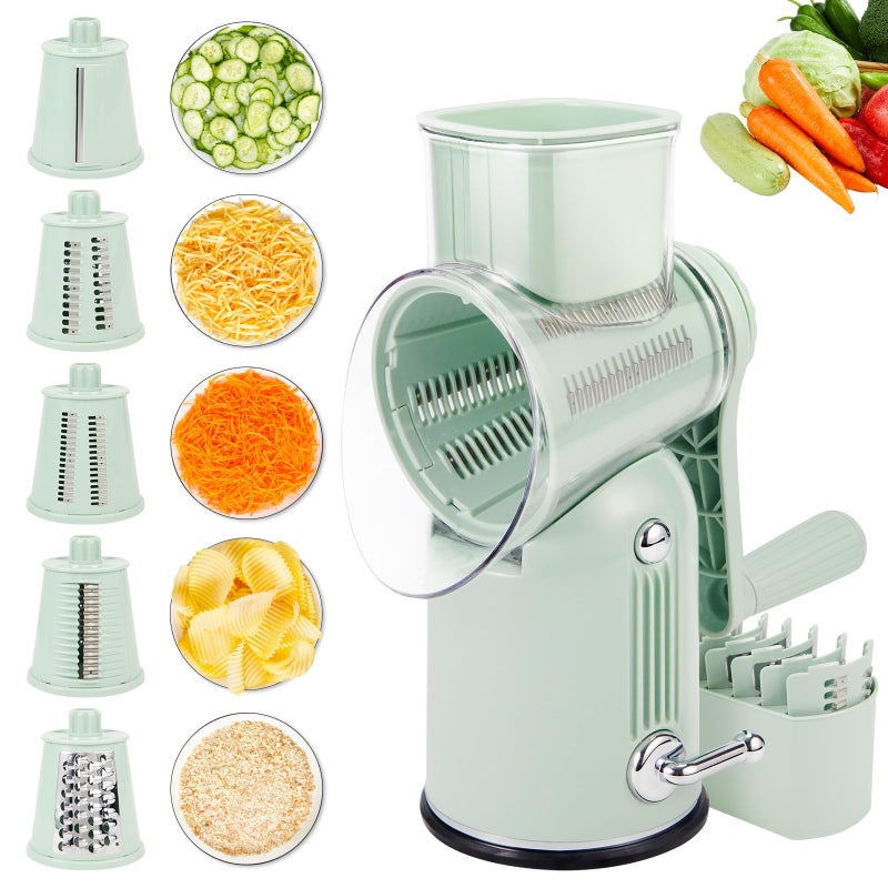 Rotary Cheese Grater with Handle 5in1 Cheese Grater Hand Crank Strong Suction Base for Fruit Vegetables Nuts with Blade Storage Box Green
