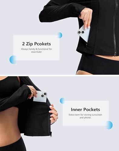 SANTINY Cropped Rash Guard Women Swimsuits with Zipper Pockets UPF50+ Sun Protection Long Sleeve Swim Shirt Crop Tops (Black_M) - Image 5